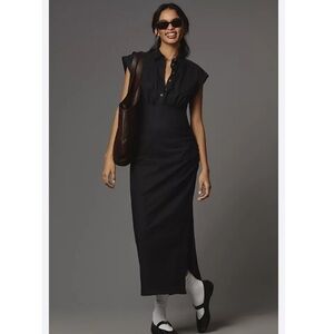 BY ANTHROPOLOGIE CAP-SLEEVE V-NECK RUCHED SLIM MIDI DRESS